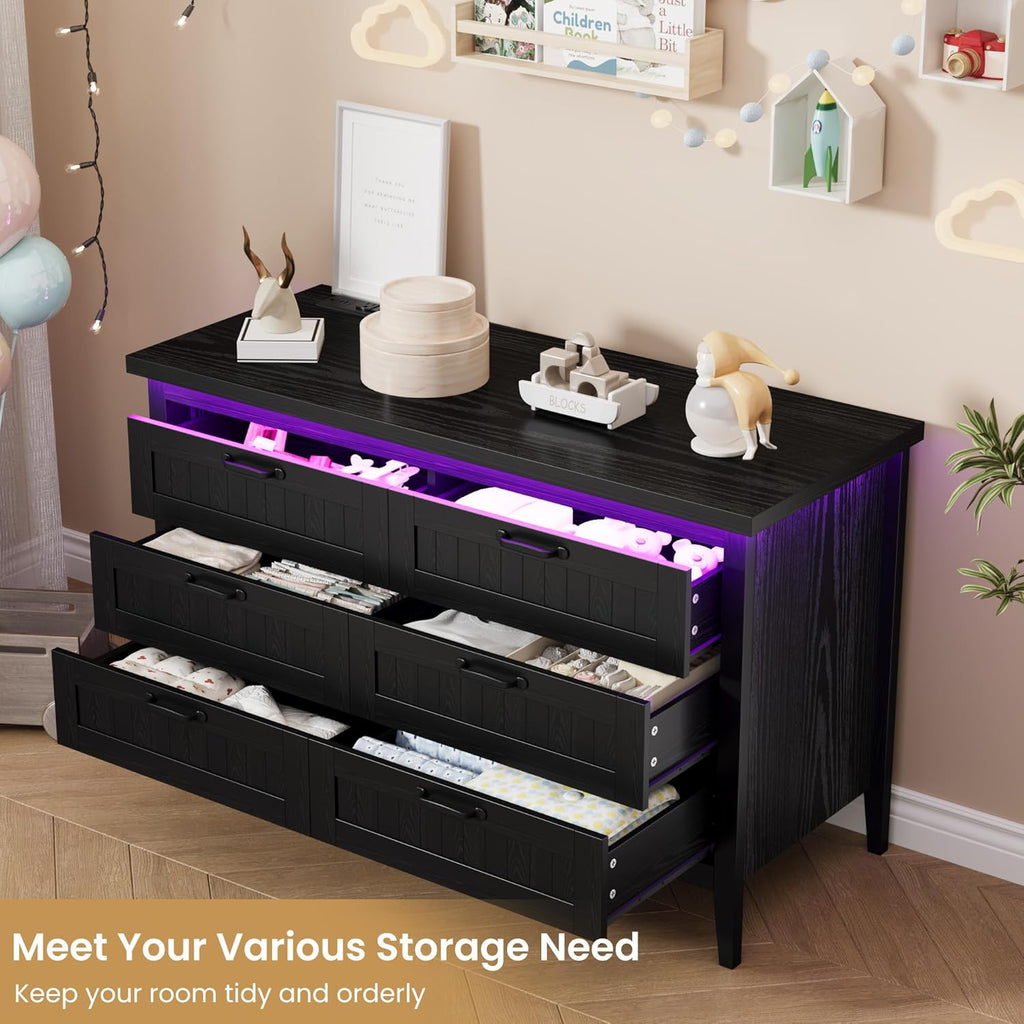 IDEALHOUSE 6 Drawer Dresser with Power Outlet, Black Dresser with LED Light, Modern Chest of Drawers for Closet, Double Wide Drawer Organizer Cabinet for Bedroom, Living Room