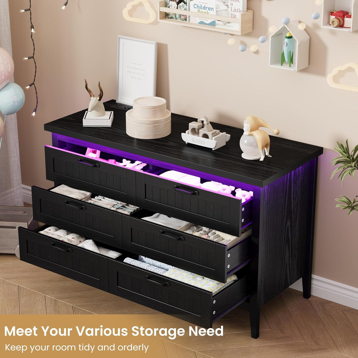 IDEALHOUSE 6 Drawer Dresser with Power Outlet, Black Dresser with LED Light, Modern Chest of Drawers for Closet, Double Wide Drawer Organizer Cabinet for Bedroom, Living Room