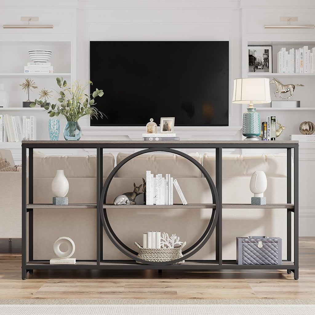 Tribesigns 70.9 inch Sofa Console Table, Extra Long Narrow Entryway Tables with 3 Tier Wood Storage Shelves Metal Frame for Foyer Hallway Living Room Behind Couch, Black Rustic Gray