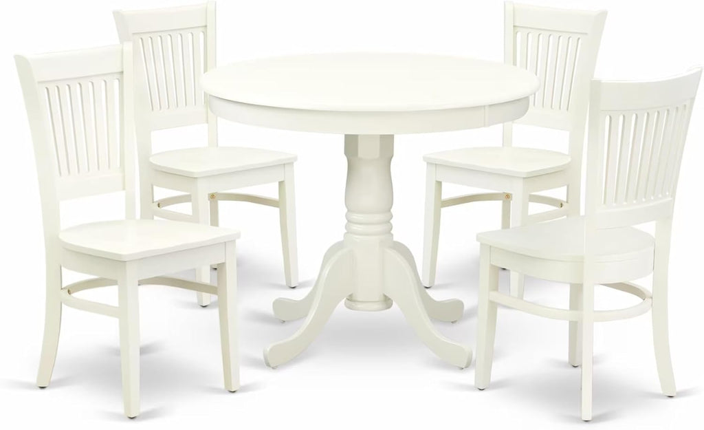 East West Furniture ANVA5-LWH-W 5 Piece Kitchen Table Set for 4 Includes a Round Dining Room Table with Pedestal and 4 Solid Wood Seat Chairs, 36x36 Inch, Linen White