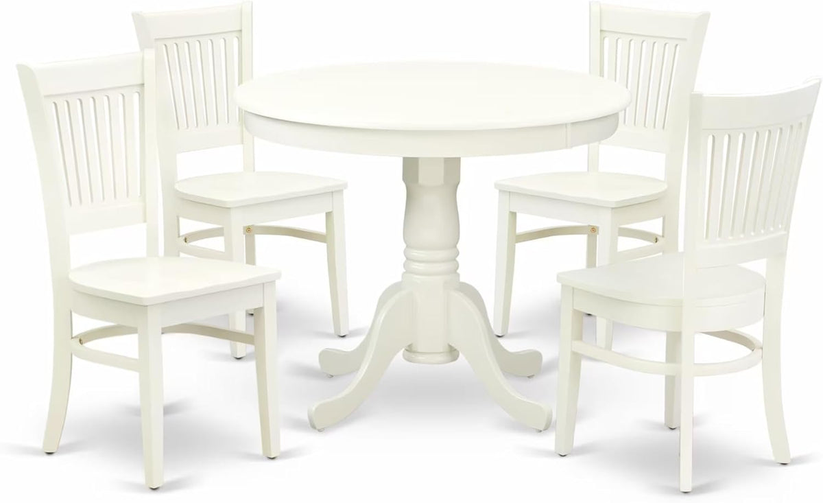 East West Furniture ANVA5-LWH-W 5 Piece Kitchen Table Set for 4 Includes a Round Dining Room Table with Pedestal and 4 Solid Wood Seat Chairs, 36x36 Inch, Linen White