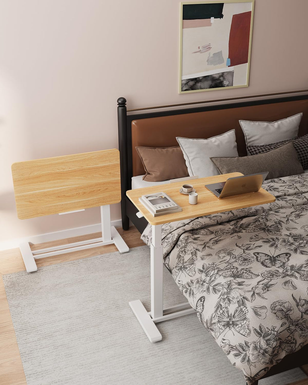 FLEXISPOT H7 PRO Mobile Standing Desk Adjustable Overbed Table Pneumatic with Wheels 90°Tiltable Portable Laptop Desk Rolling Computer Cart Foldable Bedside Table(31.5" W x 17.7" D D, Maple)