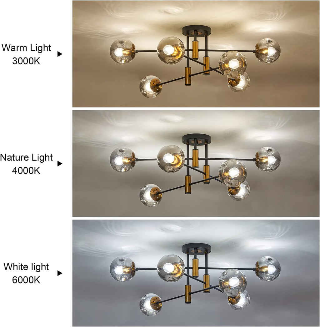 DDLLDESHI 6-Light Glass Globe Sputnik Chandelier Modern Matte Black and Gold Ceiling Light Fixture Vintage Hanging Chandeliers for Farmhouse Living Room, Kitchen Dining Room Bedroom