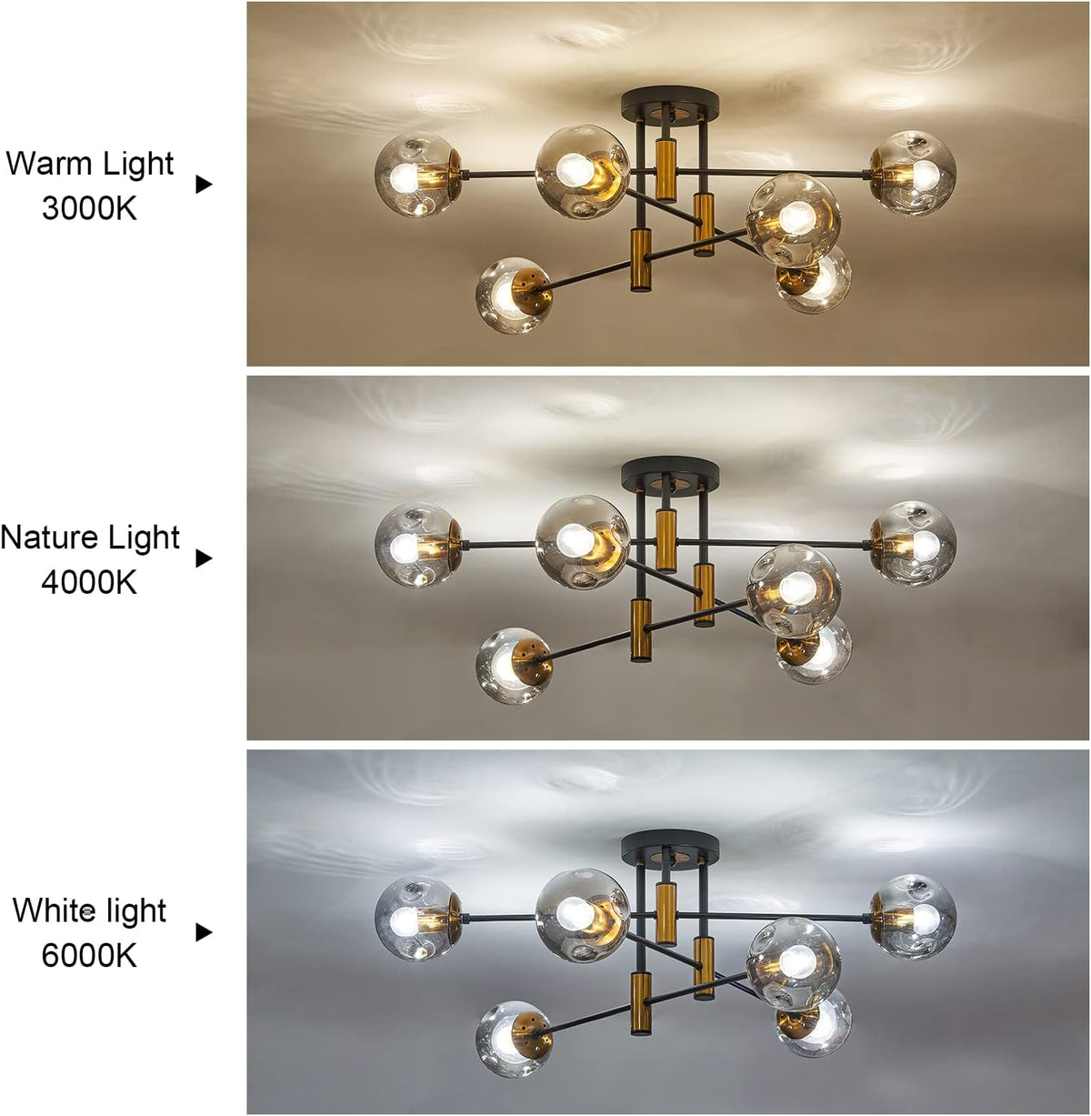 DDLLDESHI 6-Light Glass Globe Sputnik Chandelier Modern Matte Black and Gold Ceiling Light Fixture Vintage Hanging Chandeliers for Farmhouse Living Room, Kitchen Dining Room Bedroom