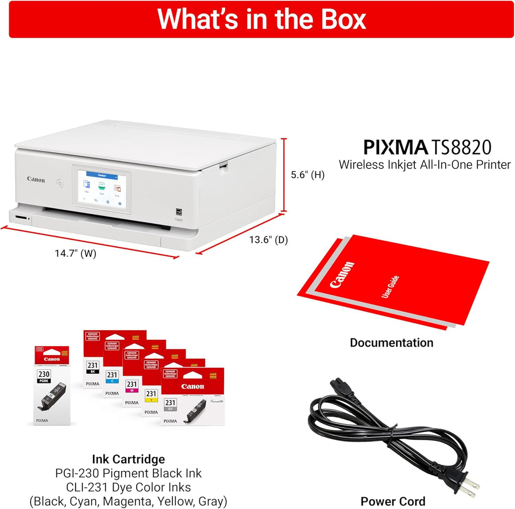 Canon PIXMA TS8820 Wireless Printer, Best for Home Photo Printing, Copy and Scan, White