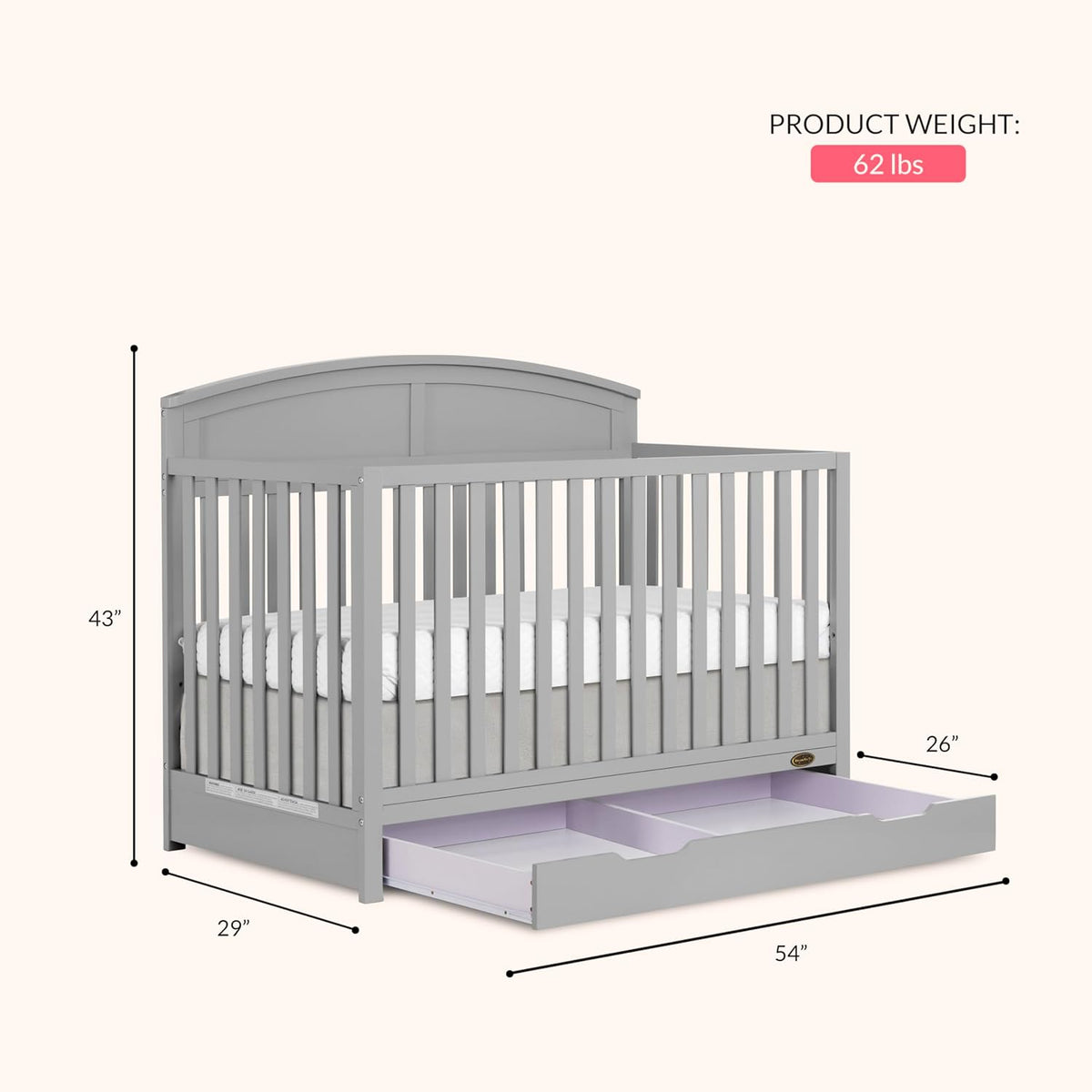 Dream On Me Storybrooke 5-in-1 Convertible Full-Size Crib with Under Drawer, Pebble Grey, GreenGuard Gold & BSA, Convert to Toddler, Day & Full-Size Bed, 3 Mattress Heights, Sustainable Pinewood