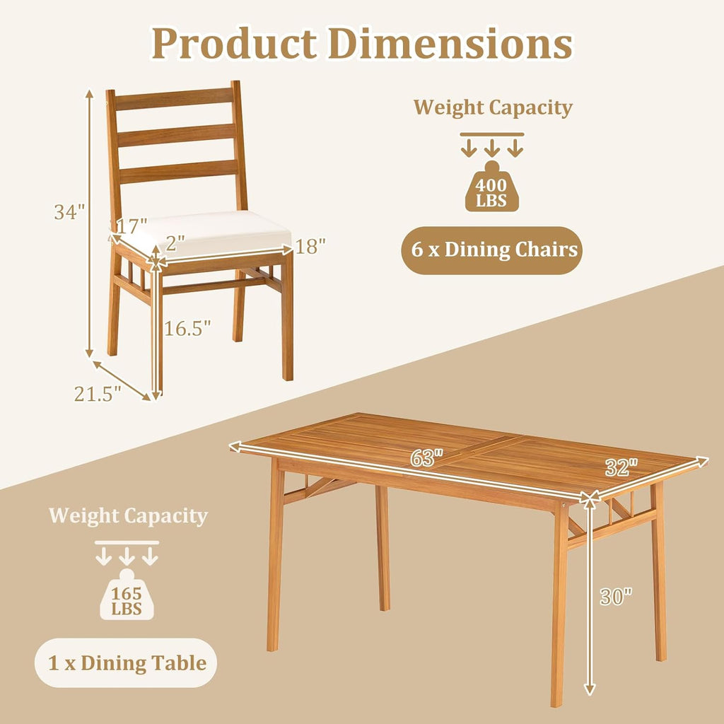 Tangkula 7 Pieces Patio Acacia Wood Dining Set, Outdoor Heavy Duty Rectangular Table with 1.97” Umbrella Hole and 6 Cushioned Chairs, for Deck, Garden and Backyard