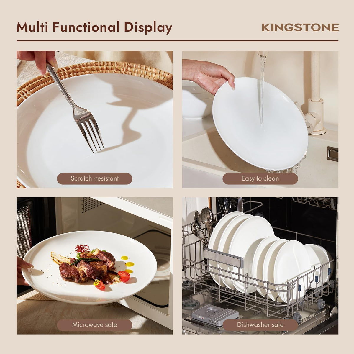 KINGSTONE 24-Piece Bone China Dinnerware Set with 40-Piece flatware, Ivory White Lightweight Porcelain Service for 8, for Family Dining, Restaurants, Gifting, Microwave and Dishwasher Safe