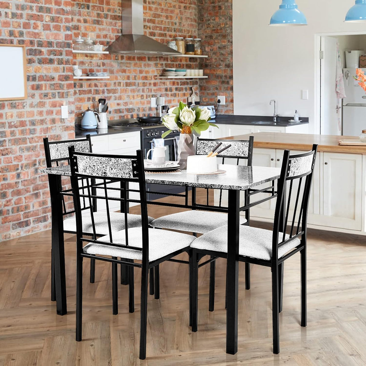 COSTWAY 5-Piece Kitchen Dining Set, Marble Dining Table Set with Sponge Cushion and Metal Structure, Modern Kitchen Table Set for Apartment, Restaurant and Cafe, Grey and Black