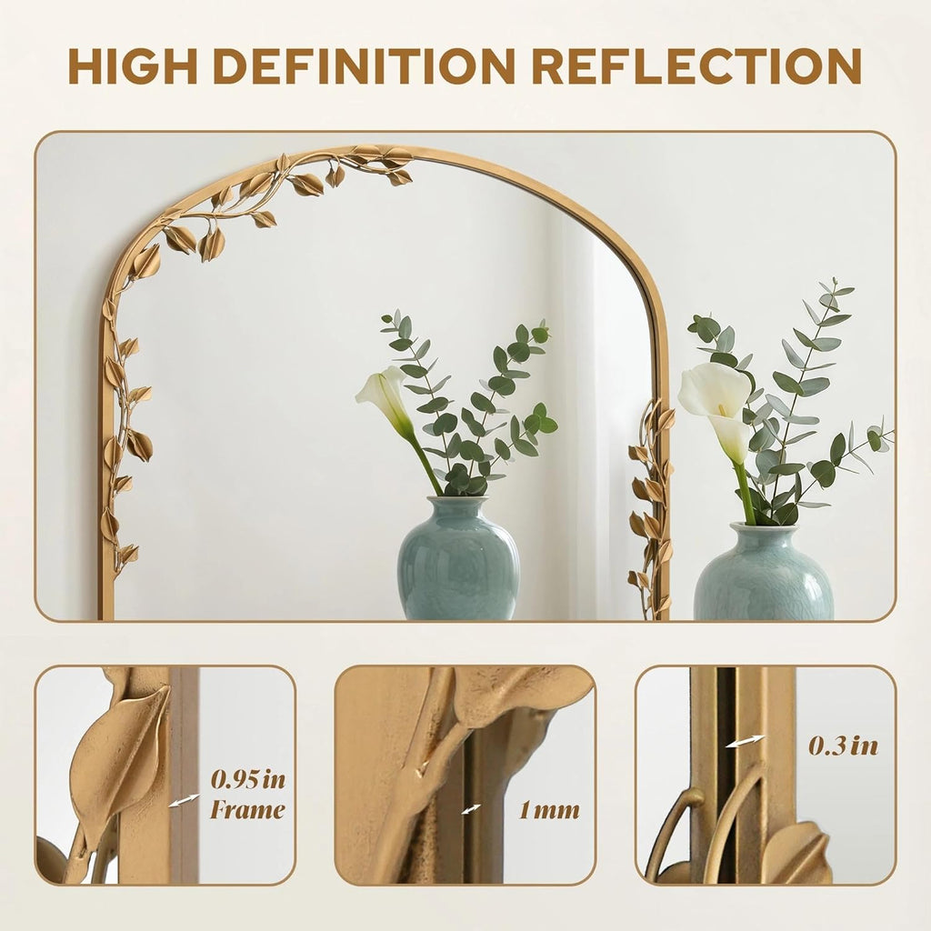Besdomus Arched Wall Decorative Mirror: 32"x30" Ornate Brass Gold Wall Mirror - Arch Metal Framed with Vine Decorative - Modern Farmhouse for Bathroom/Fireplace/Entryway/Living Room