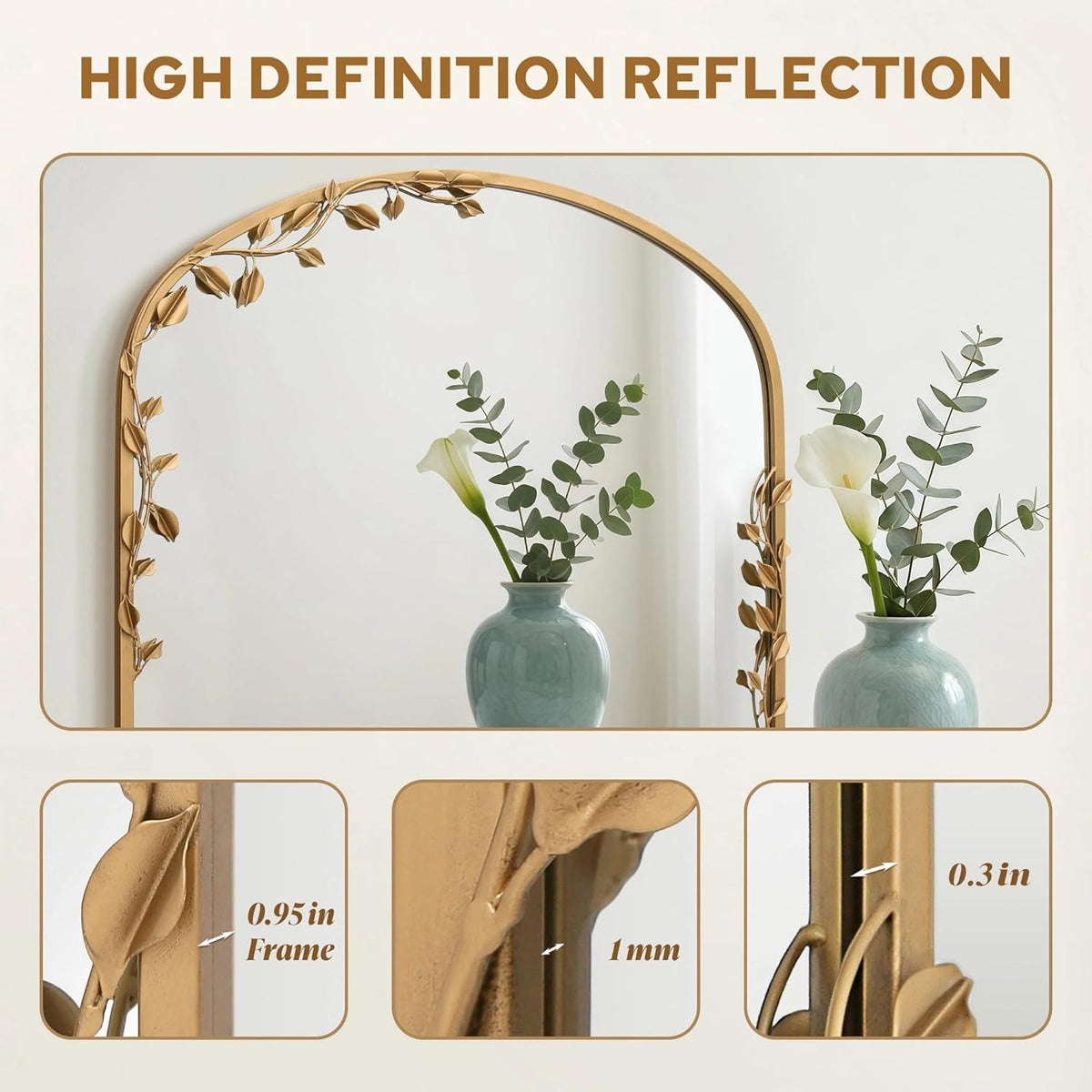Besdomus Arched Wall Decorative Mirror: 32"x30" Ornate Brass Gold Wall Mirror - Arch Metal Framed with Vine Decorative - Modern Farmhouse for Bathroom/Fireplace/Entryway/Living Room