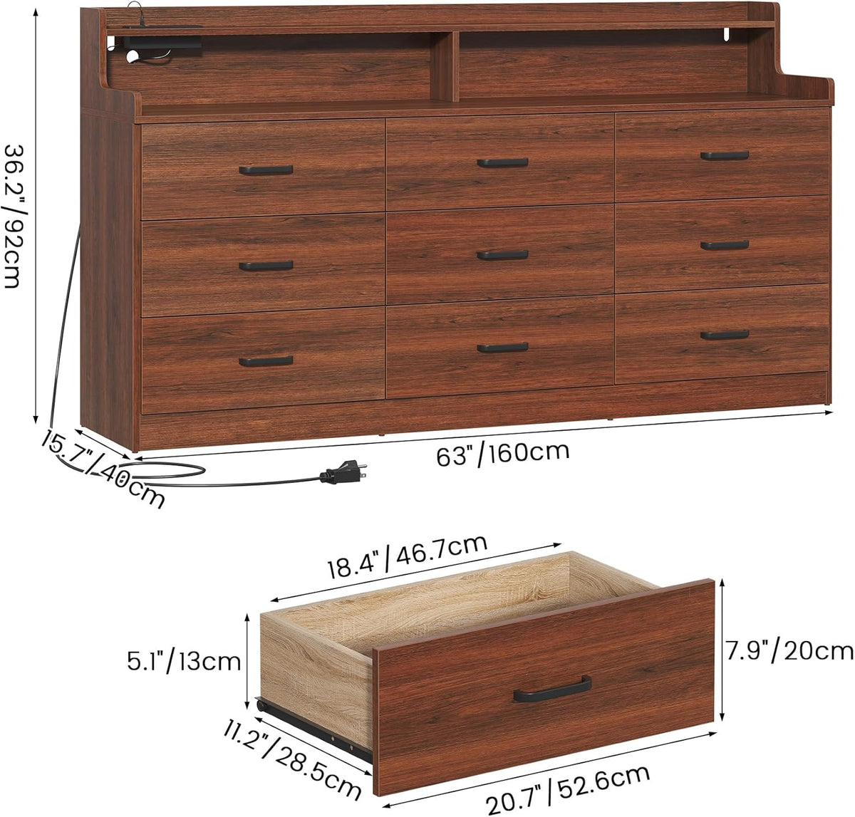 Bigbiglife 9 Drawer Dresser with Built in Power Outlet and LED Light, Modern Chest of Drawers for Bedroom, Triple Wide Drawer Organizer Cabinet for Living Room, Entryway, Hallway, Walnut Brown