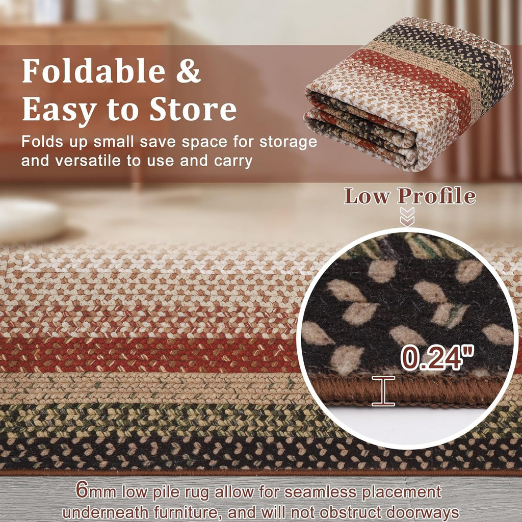 RUGSREAL 9x12 Braided Rug Washable Living Room Rug Modern Braid Printed Large Bedroom Rug with Rubber Backing Farmhouse Accent Large Carpet for Dining Room Home Decor Office, Crimson/Earthy