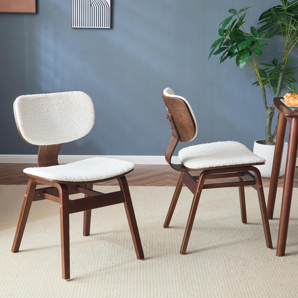 Christopher Knight Home Set of 2 Soft Boucle Fabric Upholstered Dining Chairs with Wood Frame, Curved Backrest Armless Accent Chair, Side Chair with Support Bar, Dining Room, Kitchen, White and Walnut