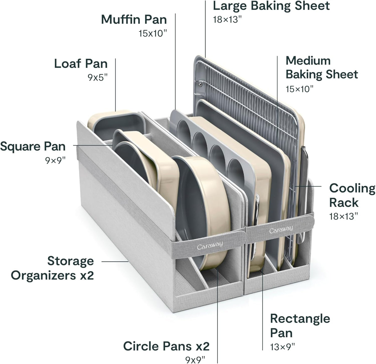 Caraway Nonstick Ceramic Bakeware Set (11 Pieces) - Baking Sheets, Assorted Baking Pans, Cooling Rack, & Storage - Aluminized Steel Body - Non Toxic, PTFE & PFOA Free - Cream