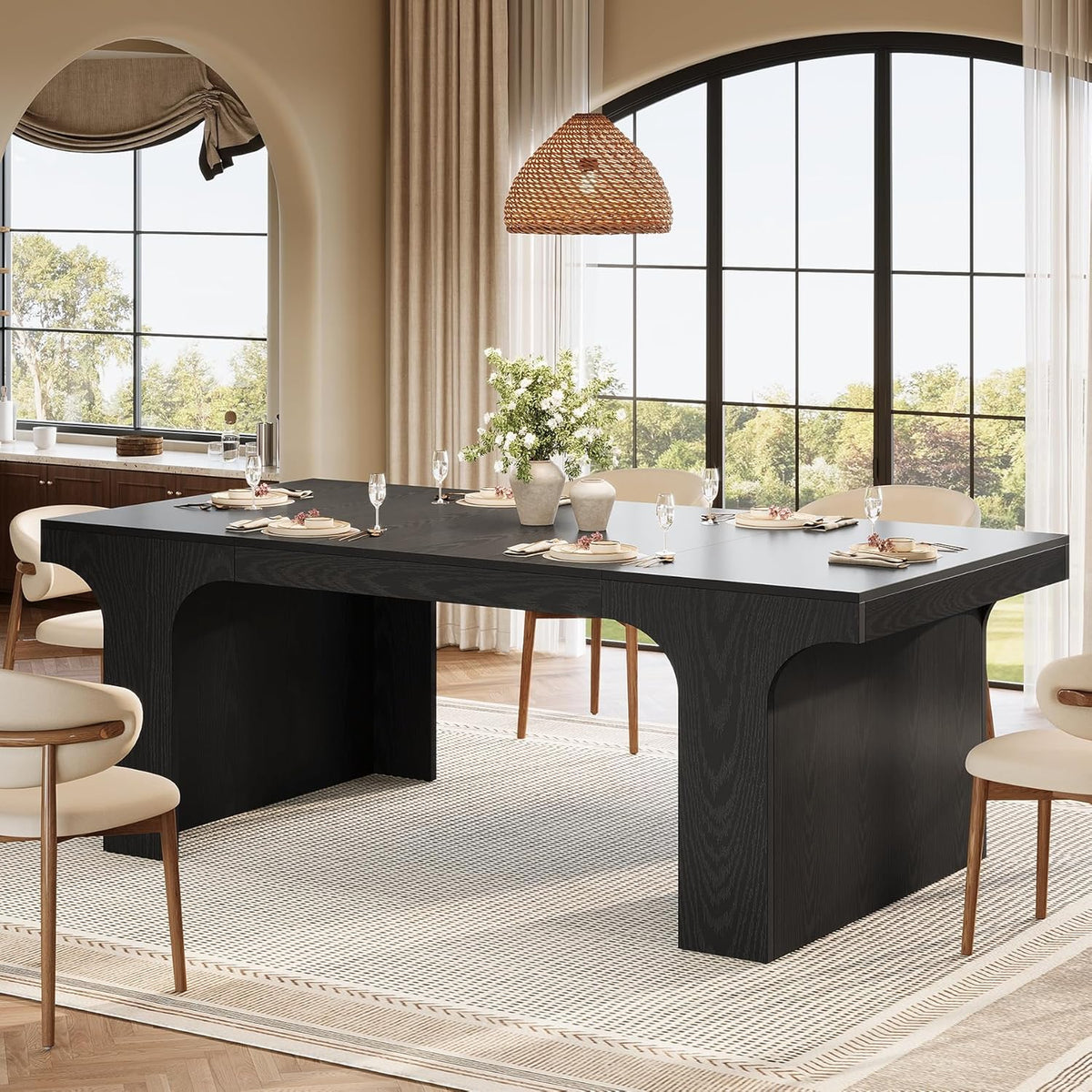 Tribesigns 71-Inch Farmhouse Dining Table for 6-8, Long Modern Wooden Kitchen Table with Arched Design, Large Rectangular Dining Furniture with Double Pedestal for Dinner Room, Black