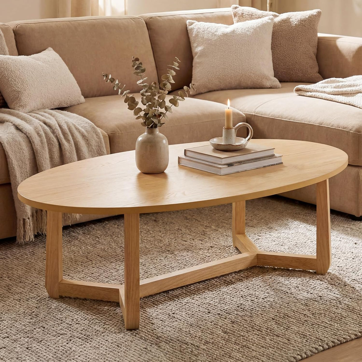 Giantex Oval Coffee Table, 46'' Wood Center Table with Thickened Top & Solid Rubber Wood Frame, Low Profile Cocktail Accent Table, Modern Living Room Table, Natural