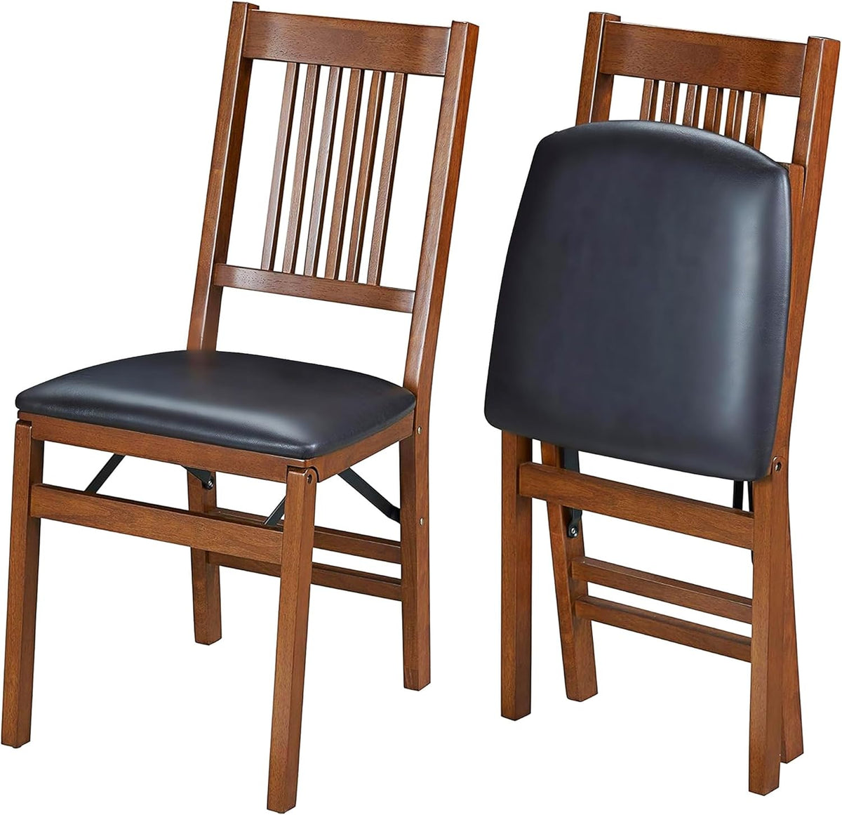 MECO Stakmore True Mission Wooden Folding Chairs with Padded Seats, Set of 2 - No Assembly Foldable Dining Chairs, Steel Folding Mechanism, Upholstered Cushion, Space-Saving, Fruitwood Frame
