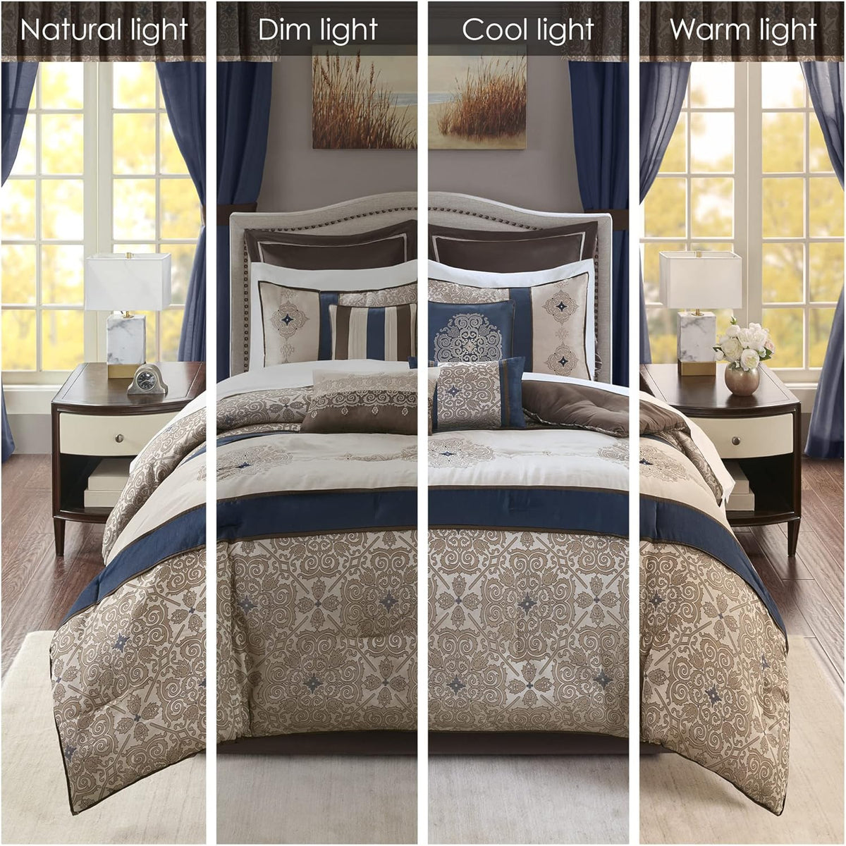 Madison Park Essentials Delaney 24-Piece Room In A Bag Comforter Set-Satin Jacquard All Season Luxury Bedding, Sheets, decorative pillows and Curtains, Valance, Queen (90 in x 90 in), Medallion Navy