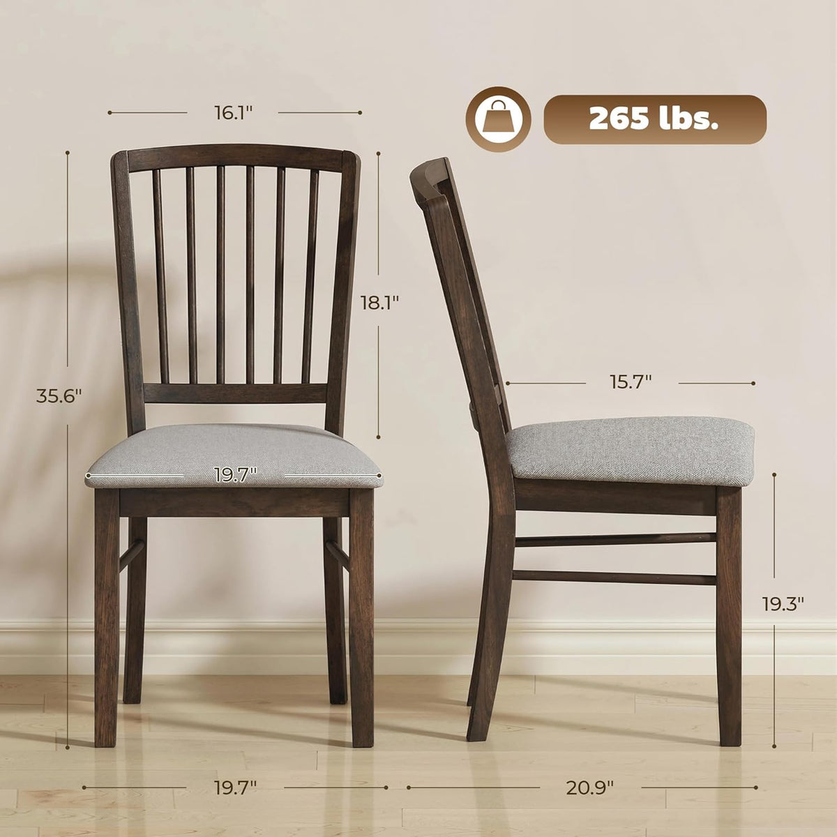 HOMCOM Farmhouse Dining Chairs Set of 2, Upholstered Linen Fabric Kitchen Chairs with Solid Rubberwood Legs for Kitchen, Dining Room, Burn Brown