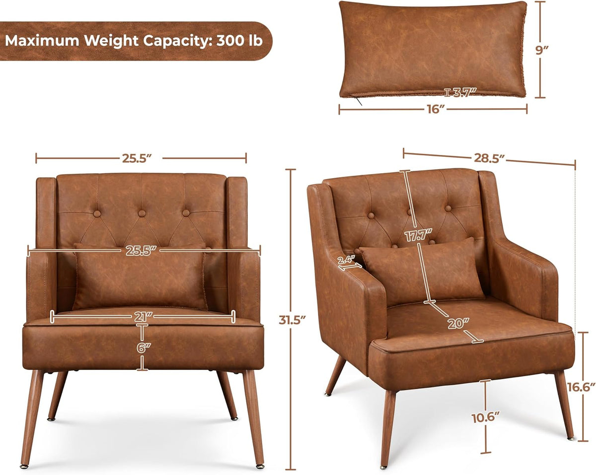 Yaheetech Accent Chair, Living Room Chair Mid Century PU Leather Armchair Lumbar Pillow, Comfy Upholstered Reading Chair Wood Leg Bedroom Brown 2PCS