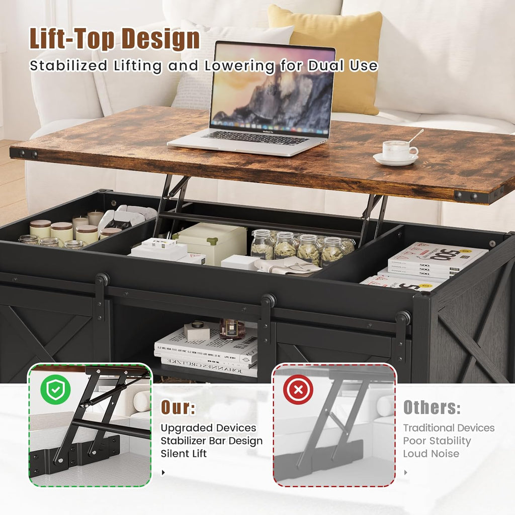 ALLSTAND 48" Farmhouse Lift Top Coffee Table with Storage Sliding Barn Door & Large Hidden Compartment, Coffee Table with Lifting Top with Wooden Lift Tabletop, Coffee Tables for Living Room, Black