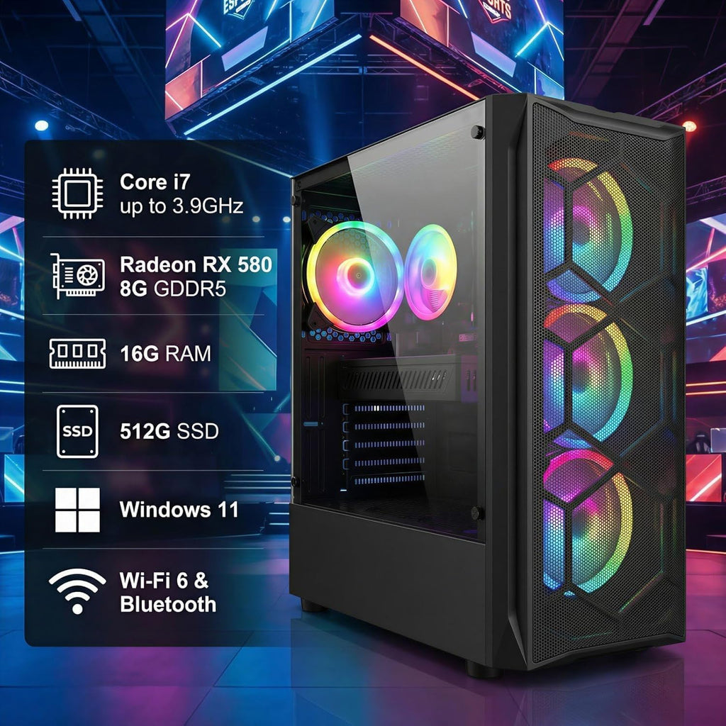 STGAubron Gaming PC Desktop, Intel Core i7 up to 3.9G, Radeon RX 580 8G, 16GB RAM, 512GB SSD, WiFi 6, BT 5.0, RGB Fan x 4, Windows 11 Home