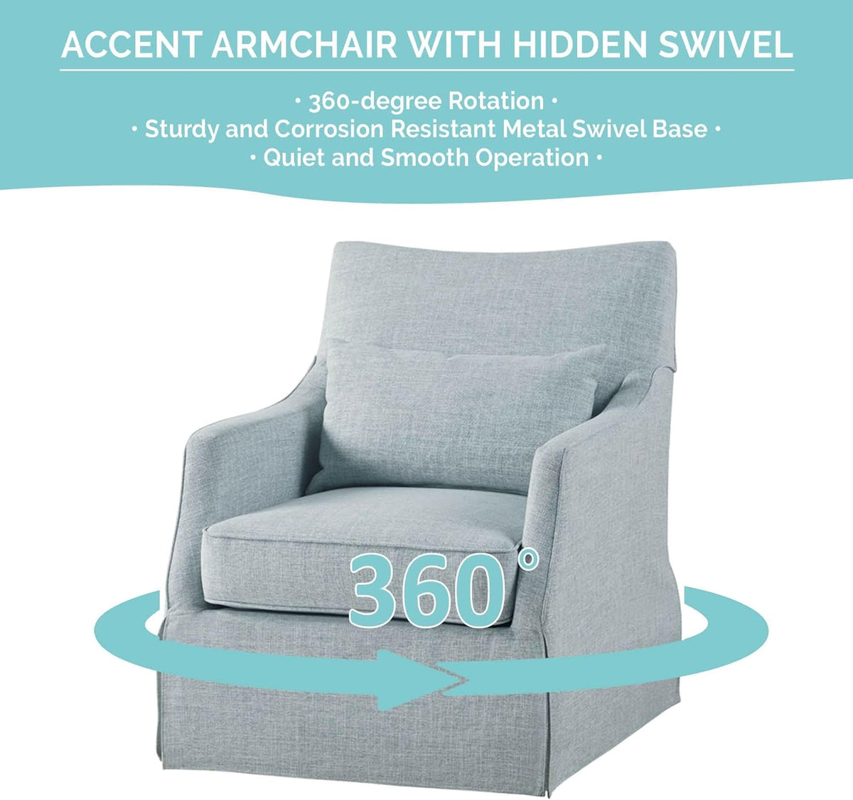 Martha Stewart London Swivel Chair - Solid Wood & Plywood, Skirted Metal Base Accent Armchair, Lumbar Pillow -Modern Classic Family Room Sofa Furniture Bedroom Lounge, 28"X31.5"X35.25", Light Blue