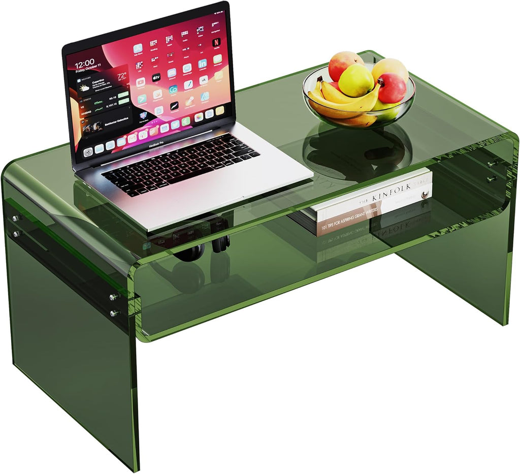 Acrylic Coffee Table for Living Room Clear Rectangle Lucite Table with Open Storage Shelf (1, Green, Nomal)