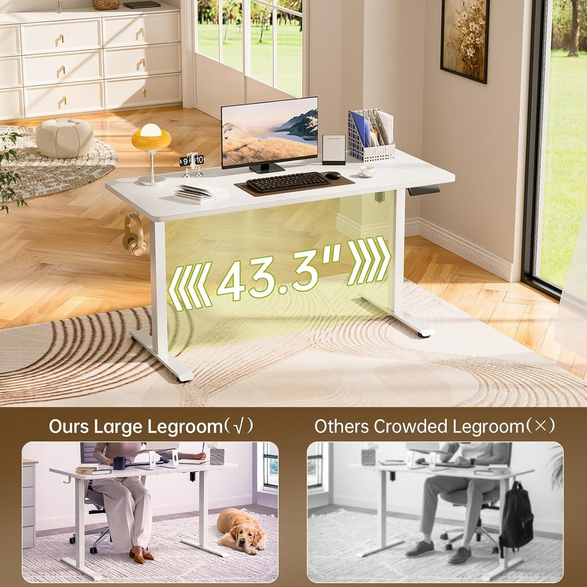 Veken 55 Inch Large Electric Standing Desk,Sit to Stand Up, Heights Adjustable, Work Home Office Computer Table for Study, Walking Pad, Writing, and Games, Wooden Desktop Desks, White