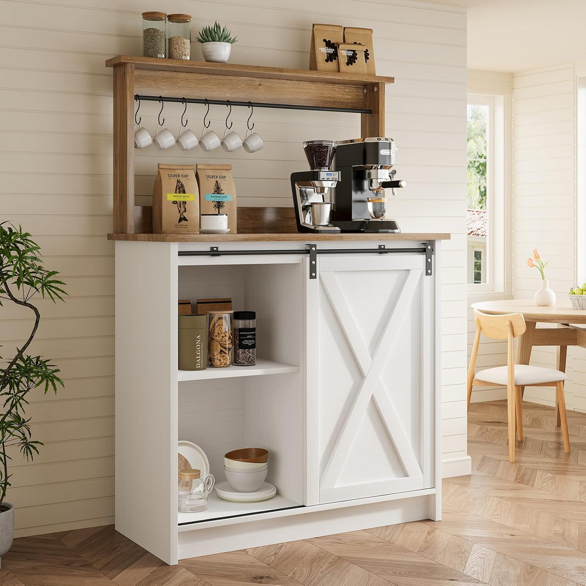 Farmhouse Coffee Bar with Hutch, White Coffee Bar Cabinet with Storage Sliding Barn Door, 31 Inch Buffet Cabinet with 6 Hooks, Coffee Bar Table with Adjustable Shelves for Living Dining Room