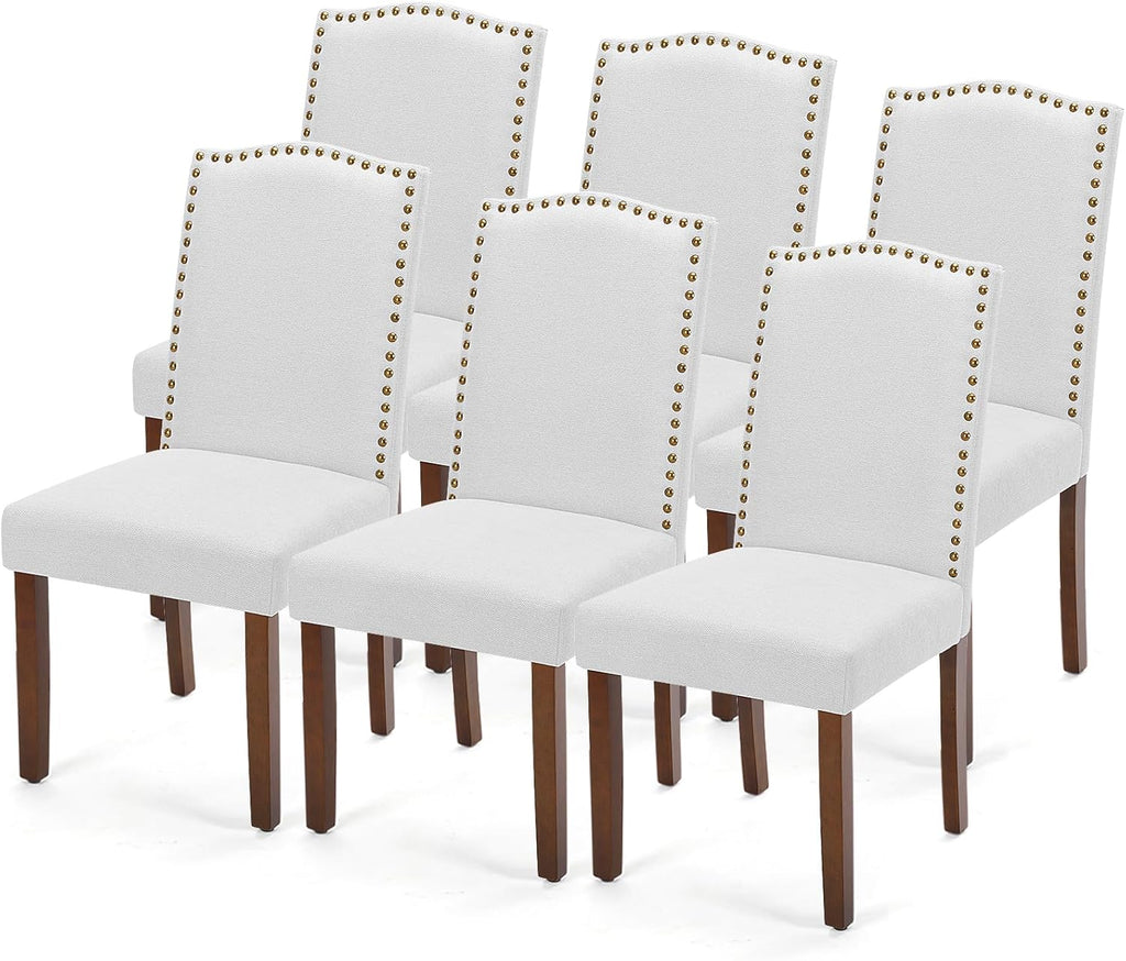 DUMOS Upholstered Dining Chairs Set of 6, Farmhouse Fabric Dining Room Kitchen Chair with Nailhead Trim and Wood Legs, Modern High Back Side Chairs for Living Room, Light Grey