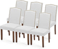 DUMOS Upholstered Dining Chairs Set of 6, Farmhouse Fabric Dining Room Kitchen Chair with Nailhead Trim and Wood Legs, Modern High Back Side Chairs for Living Room, Light Grey