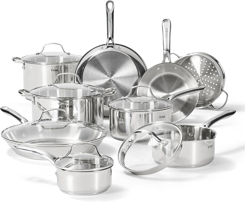 T-fal Gourmet 15-Piece Stainless Steel Cookware Set, Pots and Pans Cooking Set, Dishwasher Safe, Oven Safe to 500°F, Induction Compatible, Stock Pot, Sauce, Saute, Frying Pans, Silver