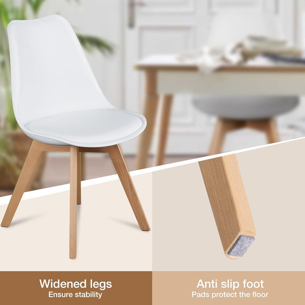 OLIXIS Dining Chairs Set of 8 Kitchen Mid Century Modern Chairs with Wood Legs and PU Leather Cushion for Living Room Bedroom Outdoor Lounge, White