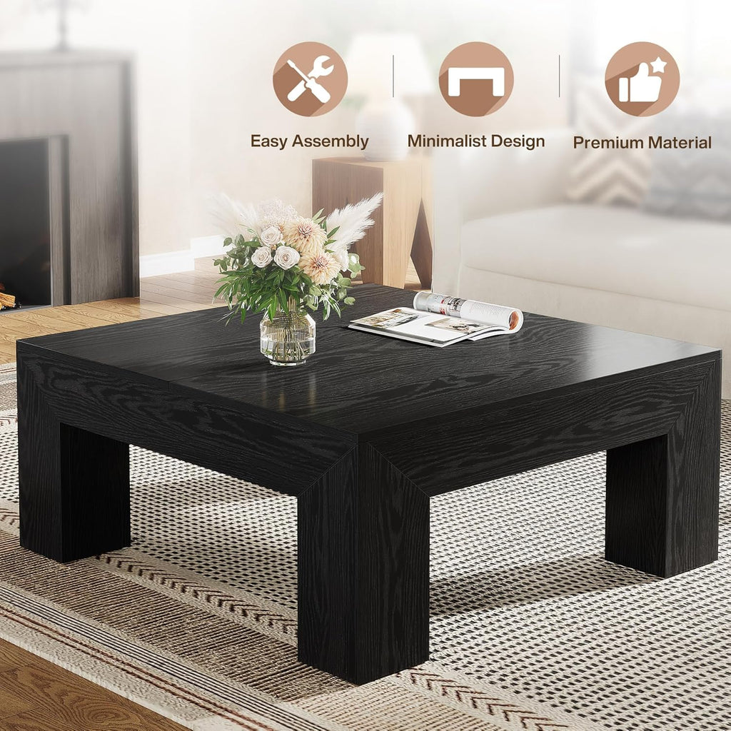 Tribesigns 39.4-Inch Square Coffee Table for Living Room, Farmhouse Accent Center Cocktail Table with Sturdy Wooden Legs, Easy Assembly, MDF, Black