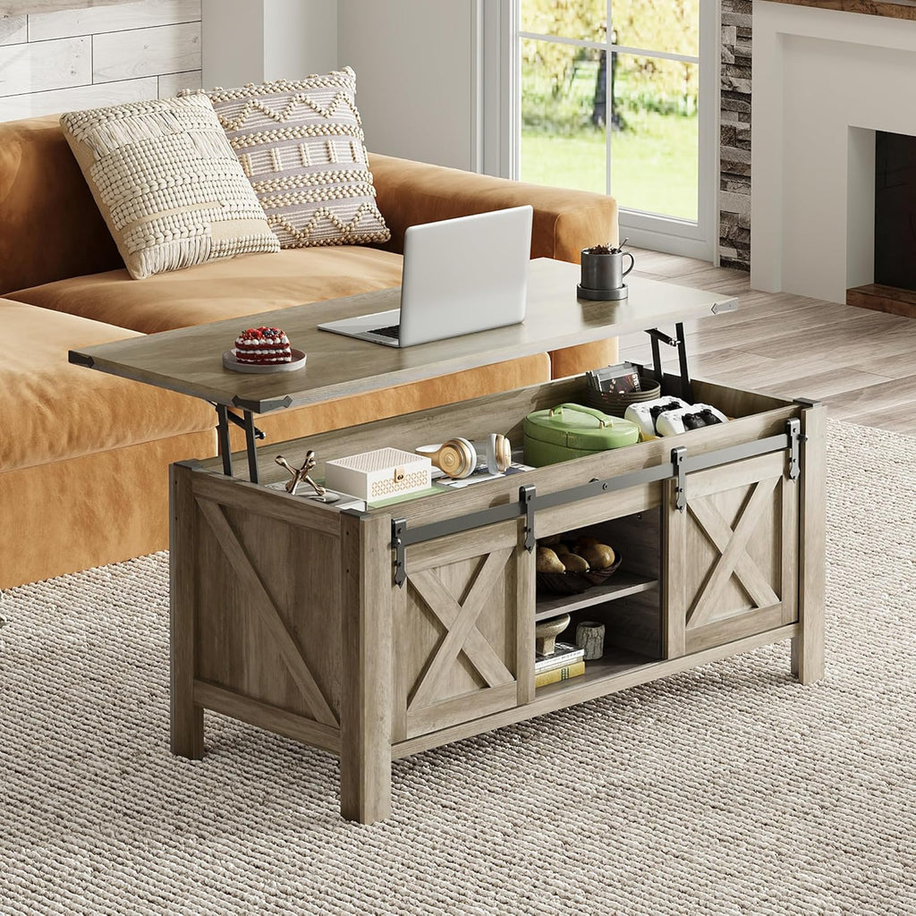 WLIVE 47.2" Farmhouse Lift Top Coffee Table with Sliding Barn Doors, Large Hidden Storage Compartment and Adjustable Shelf for Living Room,Office, Greige