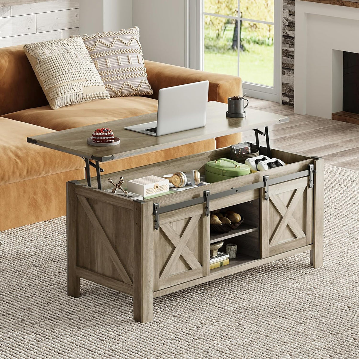 WLIVE 47.2" Farmhouse Lift Top Coffee Table with Sliding Barn Doors, Large Hidden Storage Compartment and Adjustable Shelf for Living Room,Office, Greige