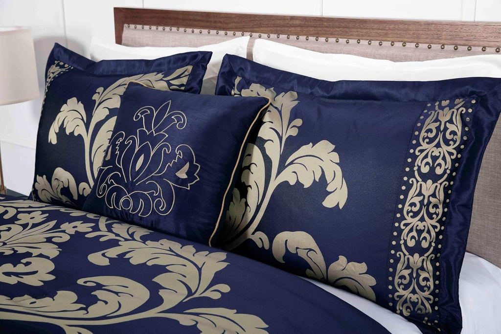 Chezmoi Collection 7-Piece Jacquard Floral Comforter Set (King, Navy/Gold)