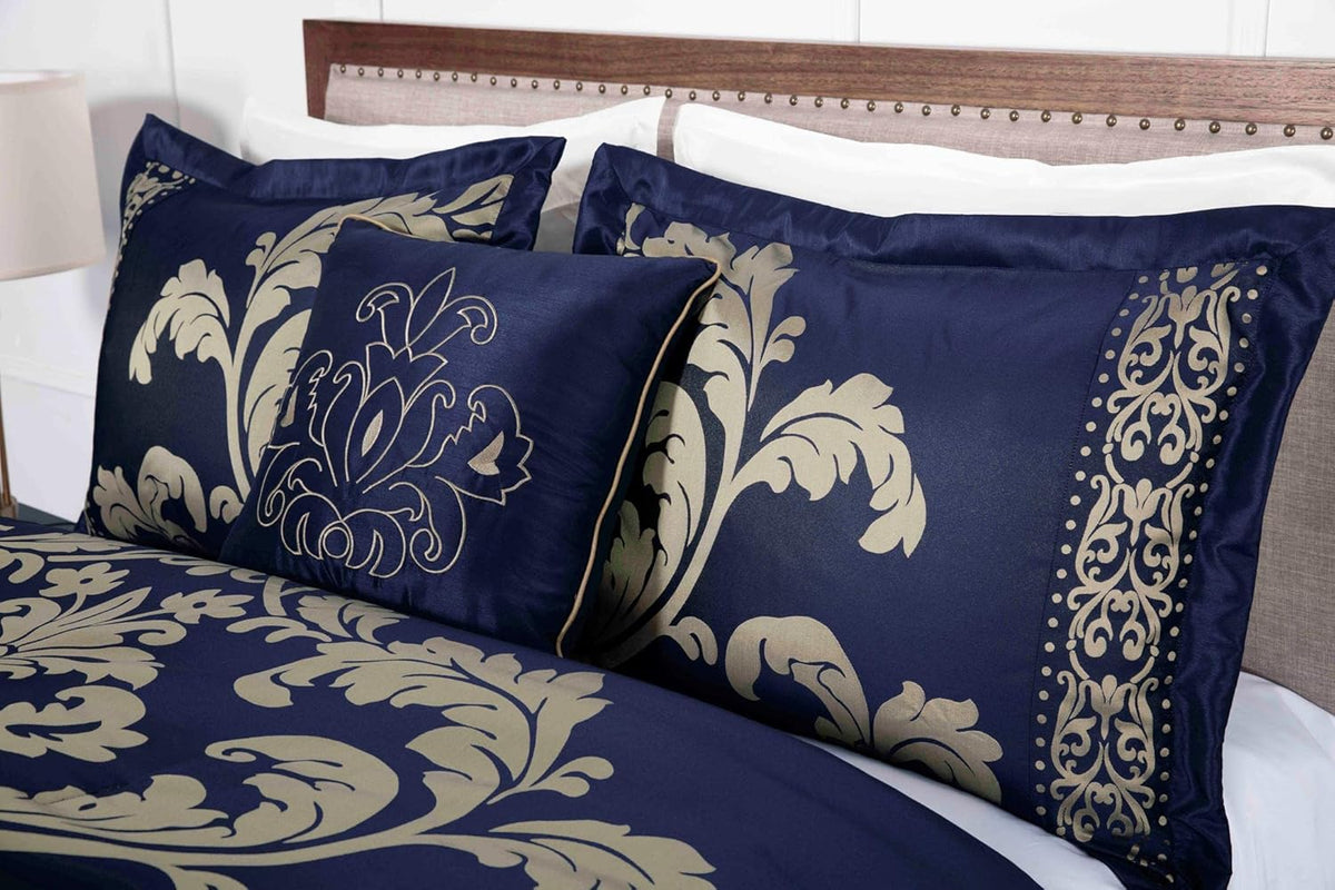 Chezmoi Collection 7-Piece Jacquard Floral Comforter Set (King, Navy/Gold)