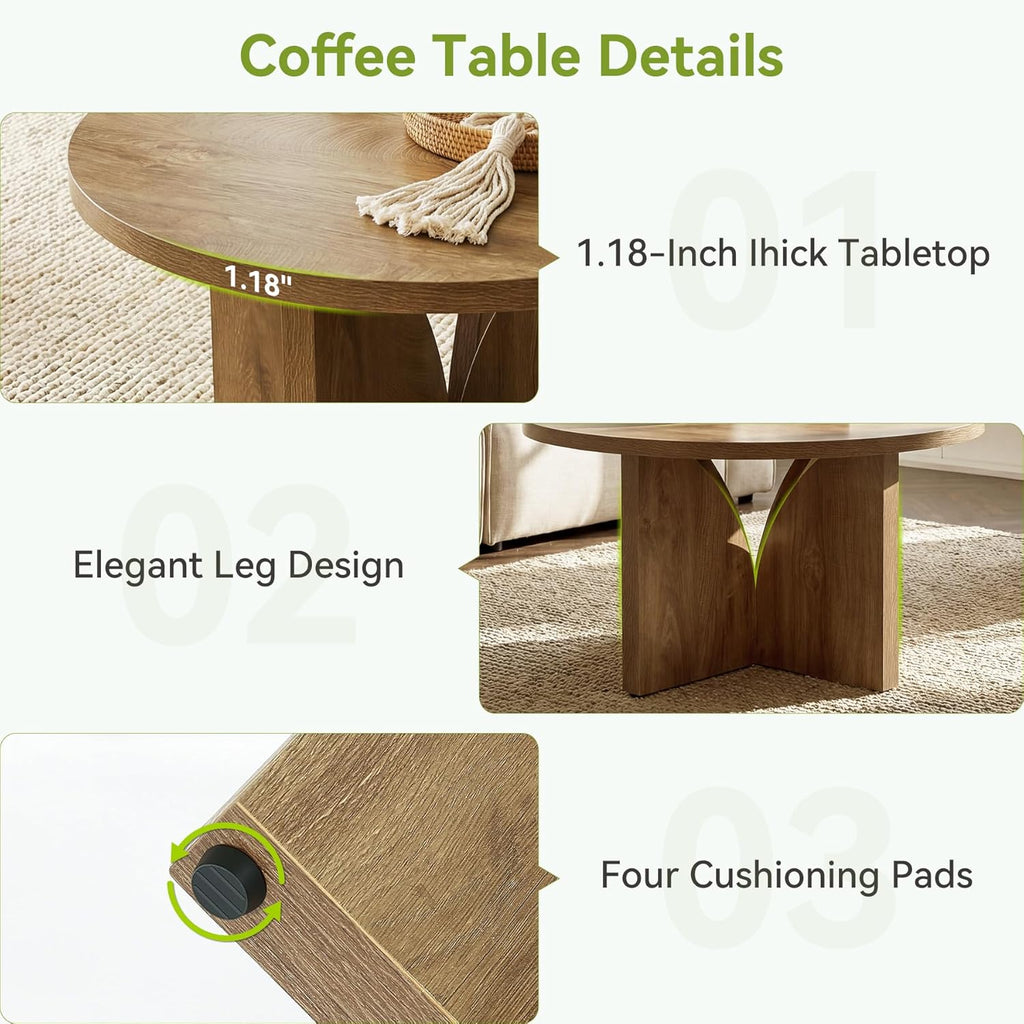 LITTLE TREE Round Coffee Table, 31.5-Inches Circle Center Table for Living Room, Modern Wooden Coffee Table for Small Space, Easy to Assemble, for Home Office, Small Space, Brown