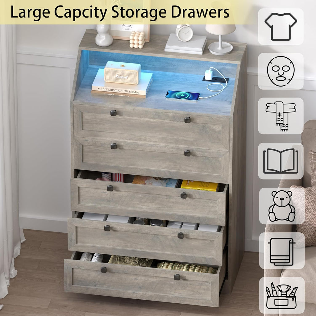 Wodeer Grey Dresser Tall 5 Drawer Dresser for Bedroom, Wood Chest of Drawers with LED Lights, Charging Station, Metal Handles, Modern Storage Cabinet and Organizer Drawers for Living Room, Hallway