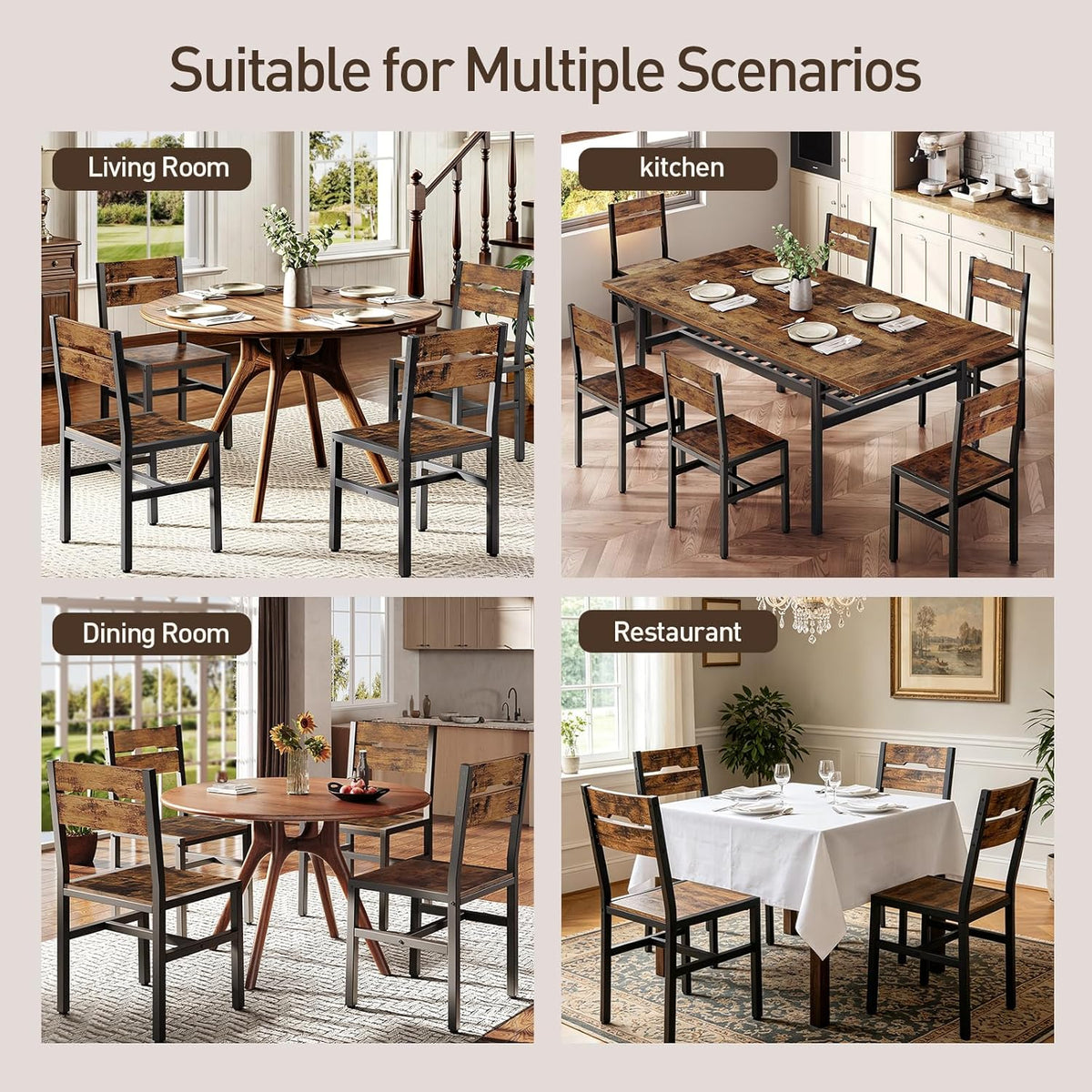 RALGEND Dining Chairs Set of 4, Rustic Wooden Kitchen Chairs with Backrests and Metal Frame, Modern Farmhouse Dinner Chairs for Kitchen, Easy Assembly, Living Room, Dining Room, Rustic Brown and Black