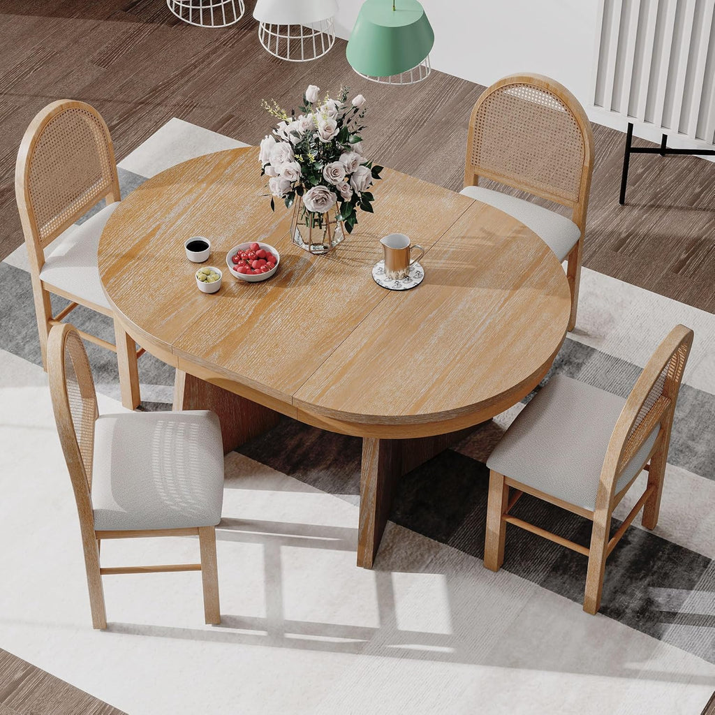 Harper & Bright Designs Farmhouse Wood Round Dining Table Set for 4, 5-Piece Extendable Kitchen Table with 4 Upholstered Chairs with Rattan Backrests for Dining Room and Kitchen (Natural Wood Wash)