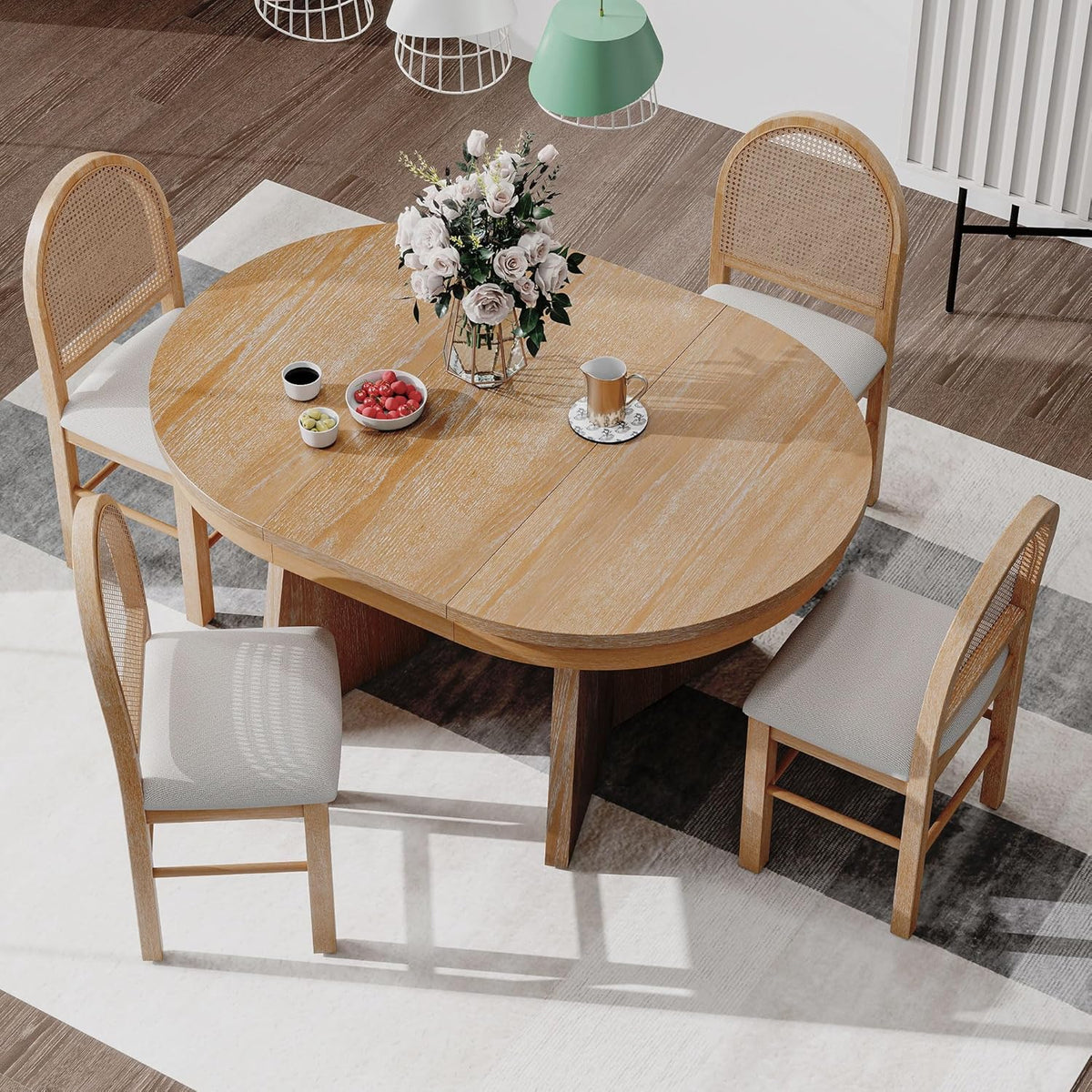 Harper & Bright Designs Farmhouse Wood Round Dining Table Set for 4, 5-Piece Extendable Kitchen Table with 4 Upholstered Chairs with Rattan Backrests for Dining Room and Kitchen (Natural Wood Wash)