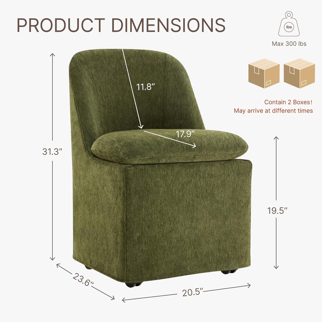 KISLOT Upholstered Dining Chairs with Casters, Washable Cover Modern Dining Room Chairs with Thick Cushion & Sturdy Metal Frame for Kitchen, Living Room, Dressing Room, Green Fabric, Set of 4