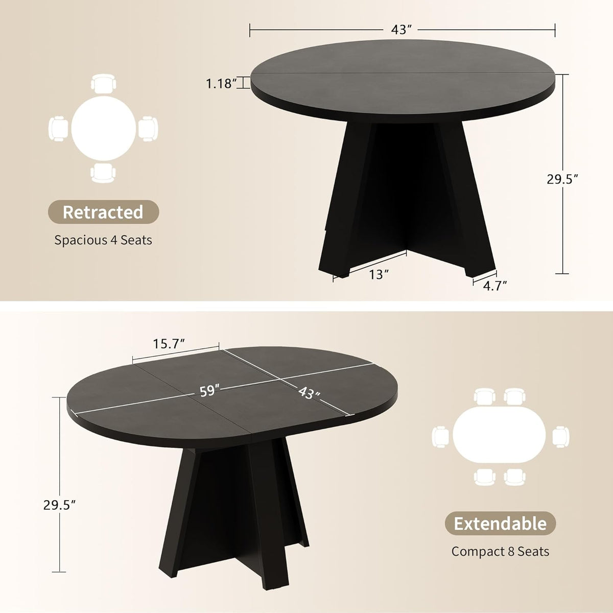 iPormis 43.3in-59in Extendable Round Dining Table for 4-6, Modern Wooden Kitchen Table for Dining Room, Adjustable Size Oval Circle Dinner Tables Furniture for Kitchen Living Room, Black