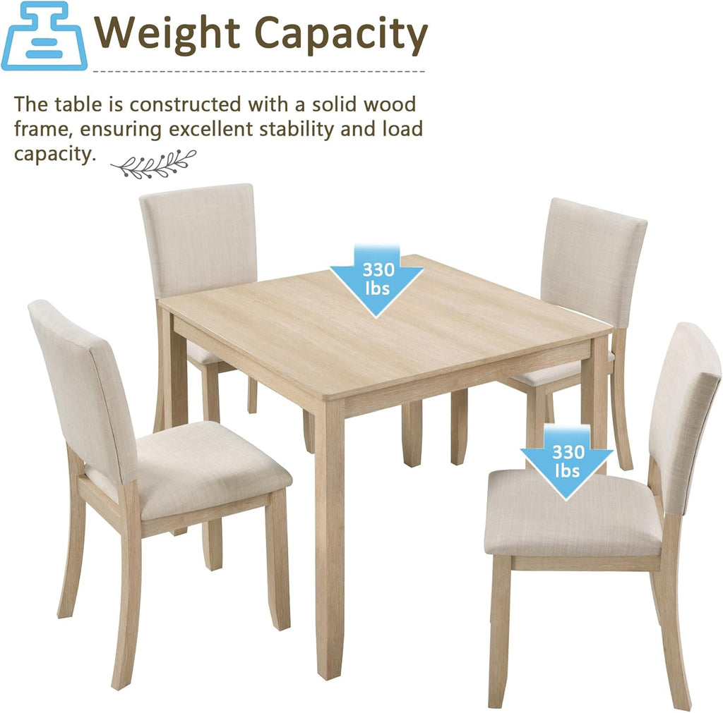 Harper & Bright Designs Modern 5-Piece Wooden Dining Table Set for 4 - Small Space 34.5" Square Kitchen Table & Upholstered Seats Chairs,Compact Apartment Dining Set,Light Oak + Beige