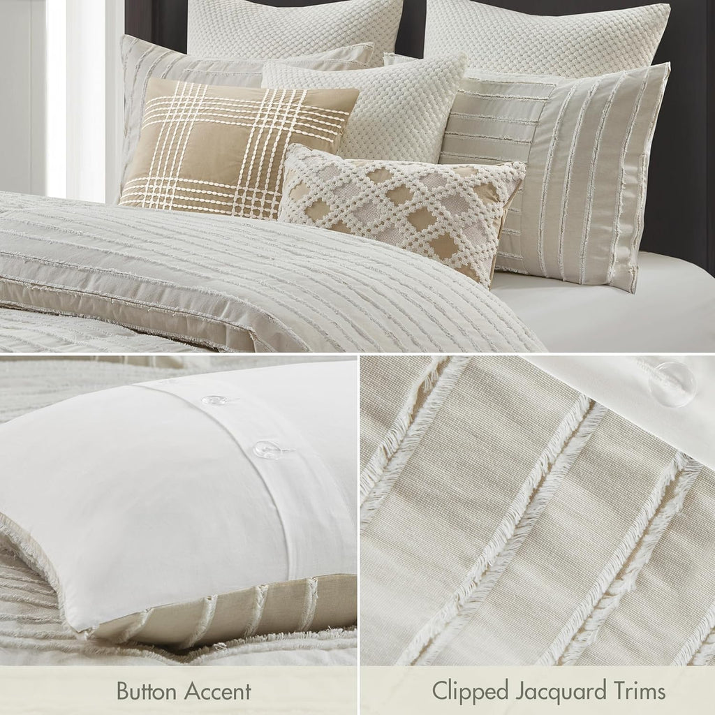 Madison Park King Comforter Set Clipped Jacquard Stripes with Buttons Boho Comforter for a King-Size Bed, Cotton Oversized Comforters with Removable Cover Boho Bedding, King Ivory 9 Piece