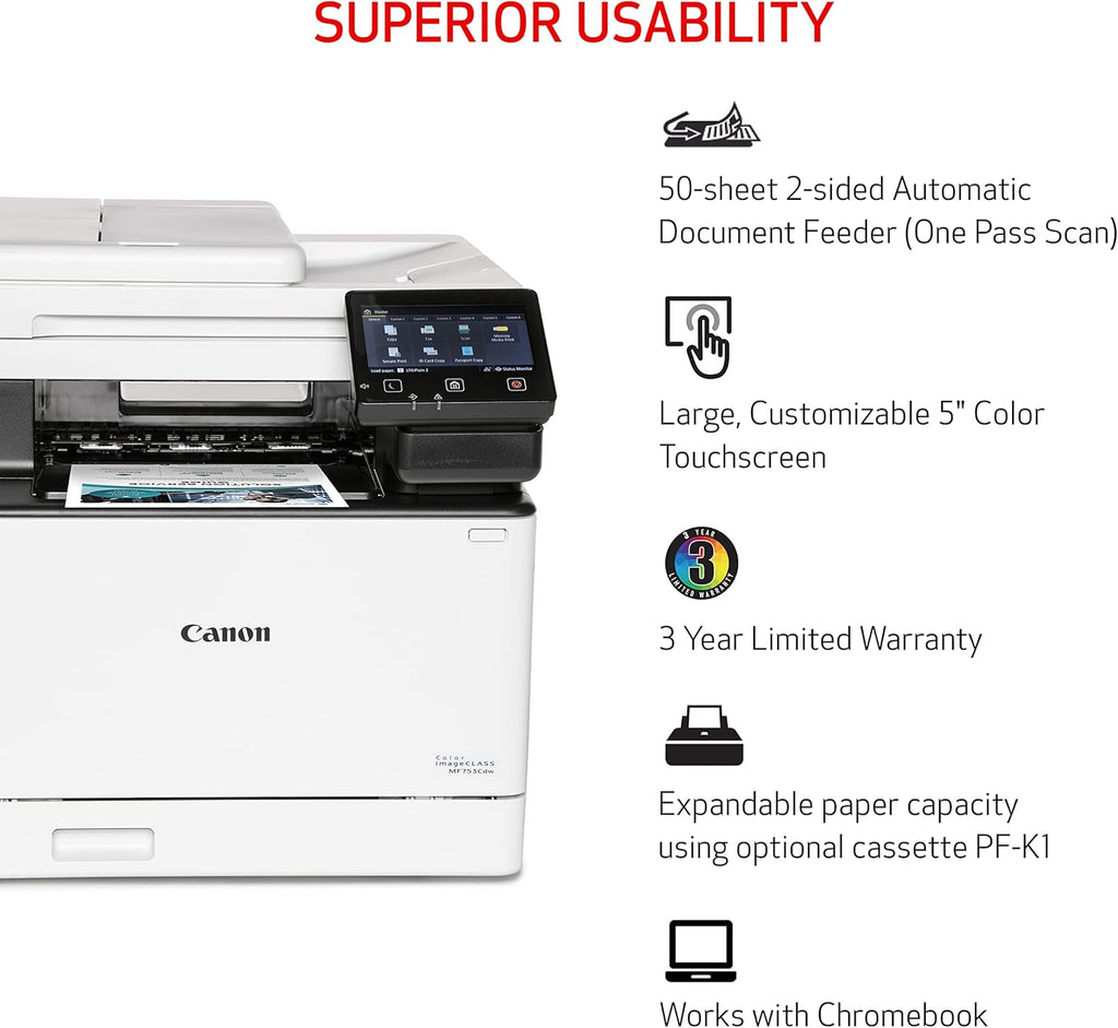 Canon imageCLASS MF753Cdw - Wireless Duplex Color Laser Printer, All-in-One with Scanner, Copier, Fax, Auto Document Feeder, Mobile Ready, 3 Year Limited Warranty, 35 PPM, White